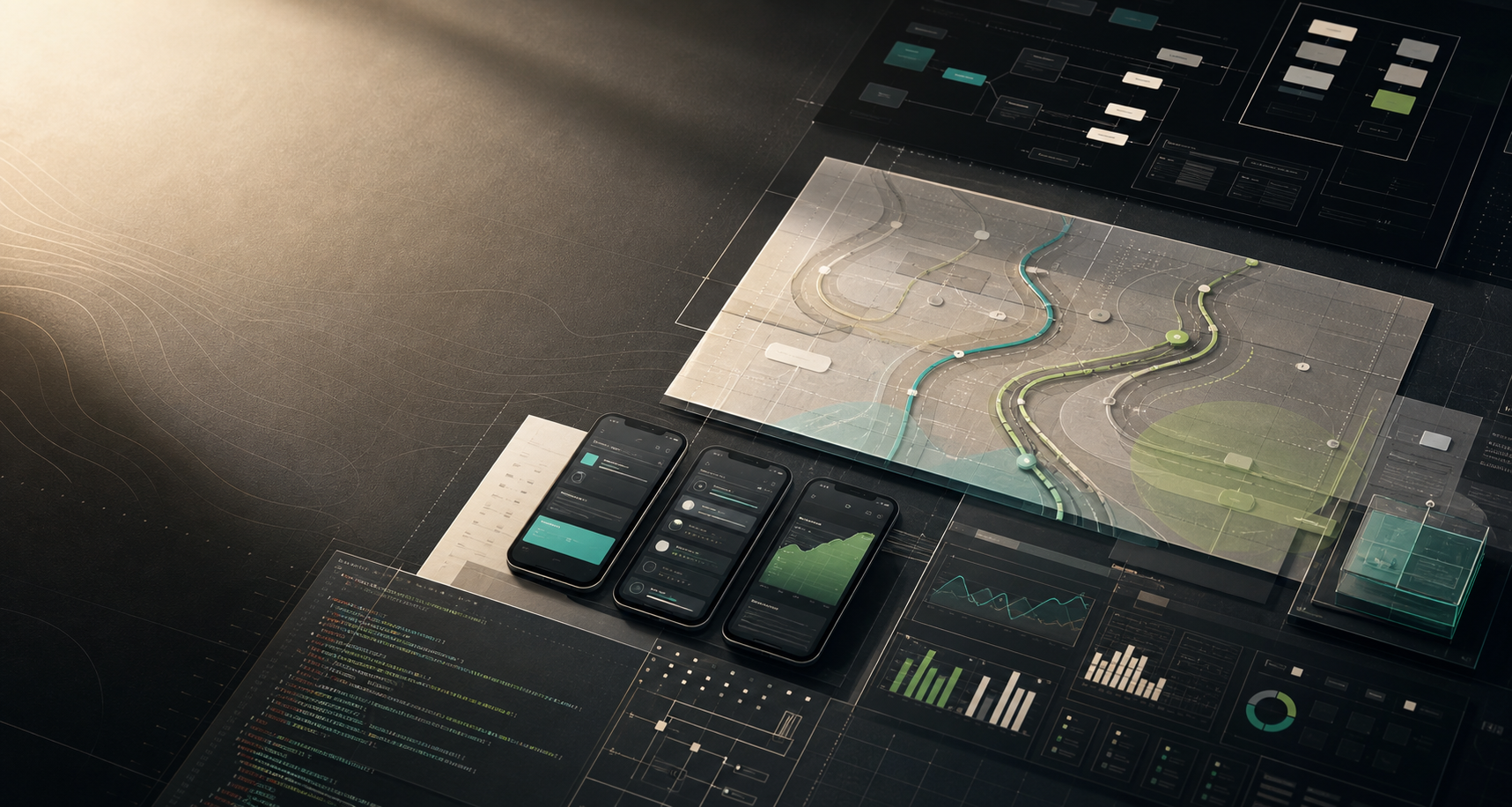 Abstract product strategy workspace with app screens, analytics, route lines, and software architecture panels.